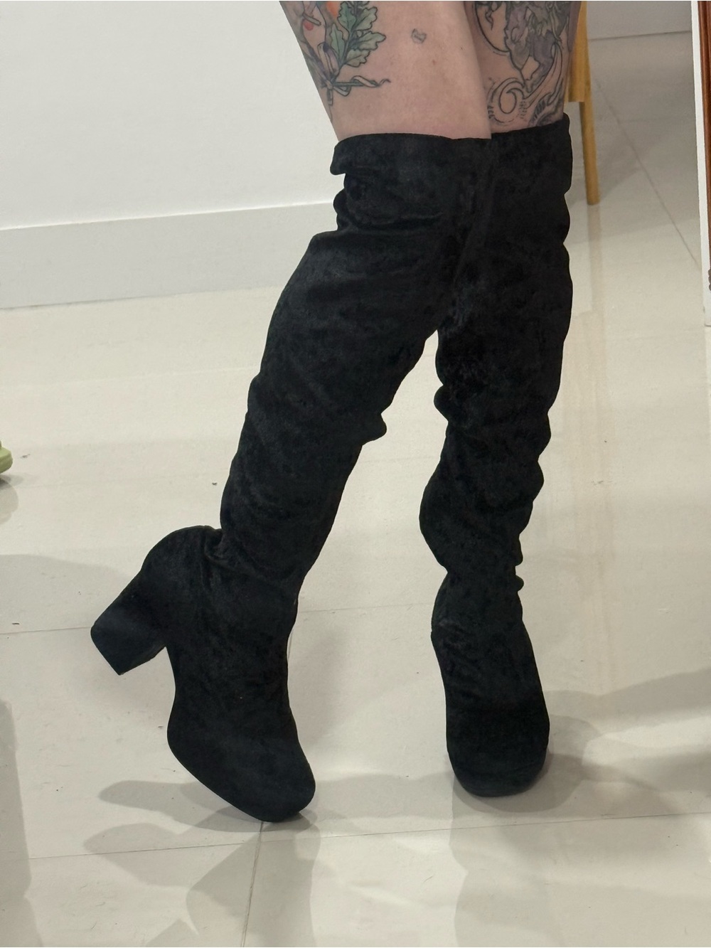 Truffle Collection Black Crushed Velvet Over-the-Knee Block Heel Boots